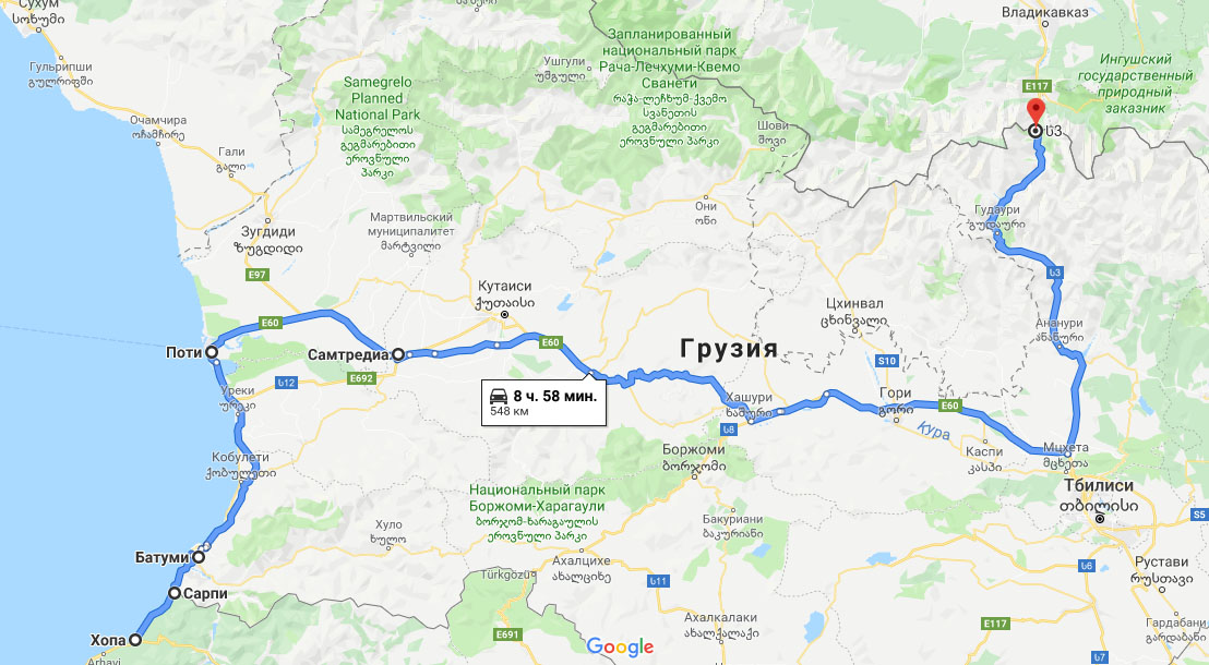 Карта путешествия по Грузии из Турции в 2017 году